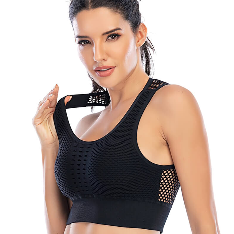 Sexy mesh breathable seamless sports bra for girls, SF1069, shown in black with durable non-adjustable straps.